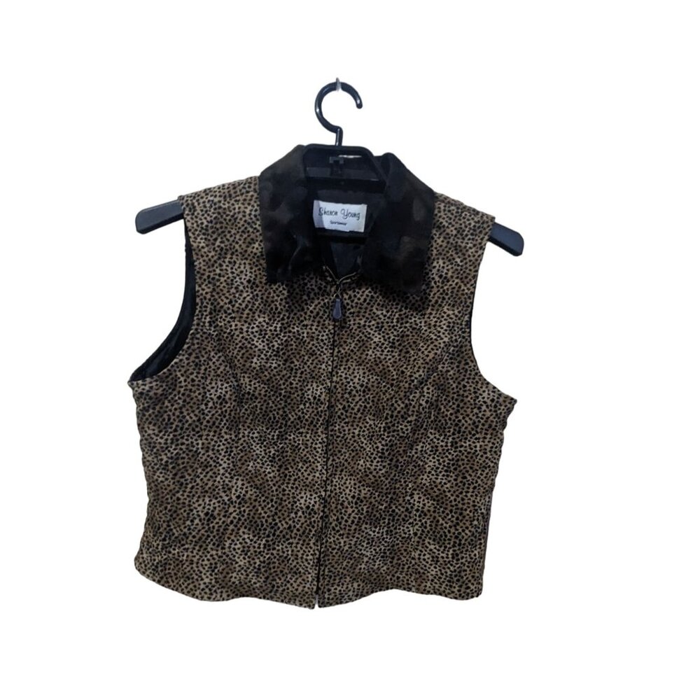 Sharon‎ Young Vest Women's Large Animal Print Cheetah Faux Fur Collar Zip Brown